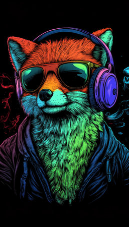 Cool Neon Fox DJ Vibrant Animal Character Portrait with Headphones and Stylish Sunglassesの素材