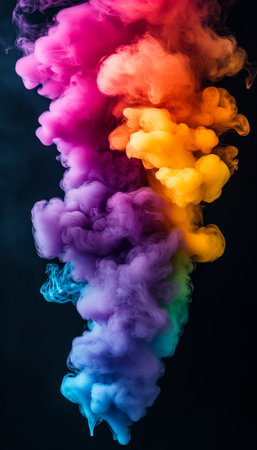 Rainbow Explosion Colorful Abstract Smoke Plume on Black Background, Vibrant and Artisticの素材