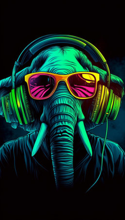 Neon Party Animal Cool, Vibrant Elephant DJ Wearing Headphones and Stylish Sunglassesの素材