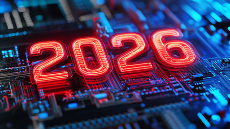 Year 2026 In Glowing Red Neon On Circuit Board. 3D Render Concept For Technology And The Future.の素材