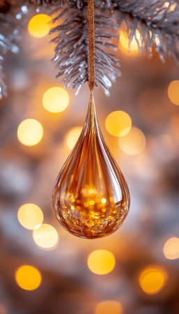 Golden Teardrop-Shaped Christmas Ornament Hangs Against Blurry Festive Lights, Christmas Decorの素材