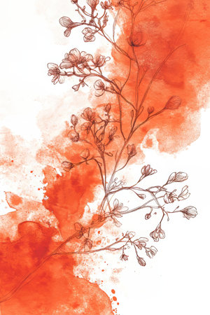 Delicate floral design, ink branches, creamy white peach watercolor wash, art print backgroundの素材