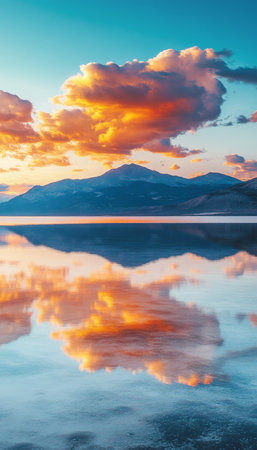 Serene Sunset Reflections Vibrant Clouds Paint the Sky with Warm Hues Over Tranquil Landscapeの素材