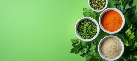 Fresh Herbs and Spices Variety in Bowls on a Vibrant Green Background, Culinary Conceptの素材