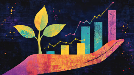 Growth and Investment Vibrant Vector Image of Seedling in Hand with Fluctuating Stock Chartsの素材