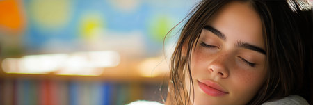 Serene Sleep Close Up of a Young Woman Resting With Closed Eyes and a Peaceful Expressionの素材