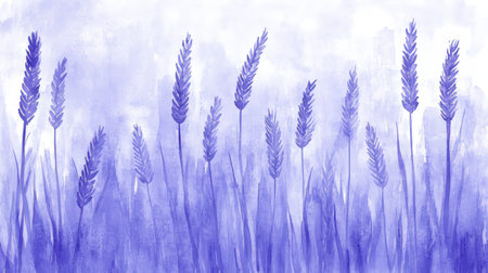 Dreamy Lavender Field, Watercolor Painting in Pastel Hues, Subtle Shadows, and Plant Outlinesの素材