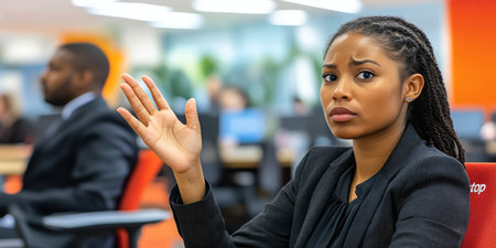 Serious Black Businesswoman Making A Stop Gesture With Her Hand In An Open Plan Office Settingの素材