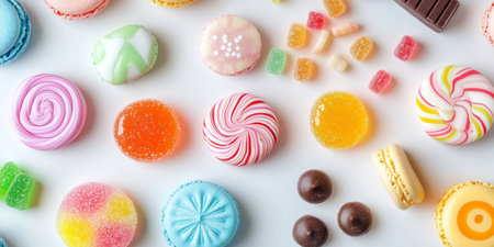 Colorful Candy Assortment Lollipops, Gummy Bears, Chocolate Bars, and Macarons on White Backgroundの素材