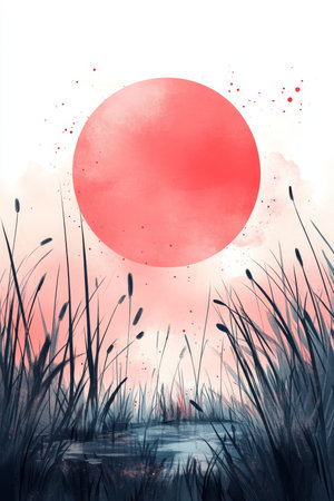 Serene Sunset, Watercolor Meadow, Pink Sky, Botanical Illustration, Tranquil Nature Sceneの素材