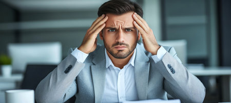 Stressed Businessman With Headache Holding His Head In Frustration. Work Pressure, Deadline Conceptの素材