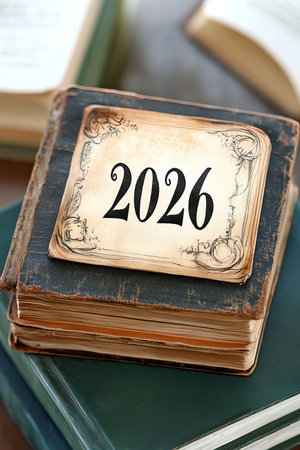 Antique Book with Numbered Tag 2026, Symbolizing the Passage of Time, Literature, and Historyの素材