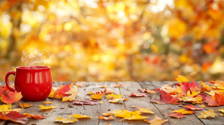 Steaming Red Coffee Mug on Rustic Wood Table with Colorful Autumn Leaves, Copy Space,の素材