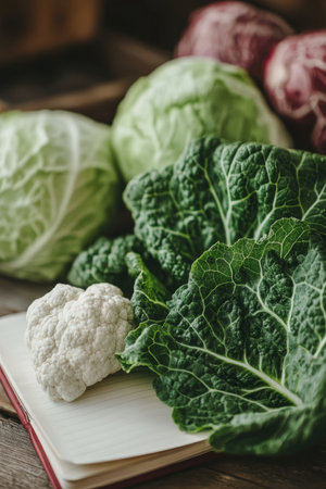 Open Recipe Book With Keto Vegetables, Savoy Cabbage, Cauliflower, Green Vegetables on Rustic Woodの素材