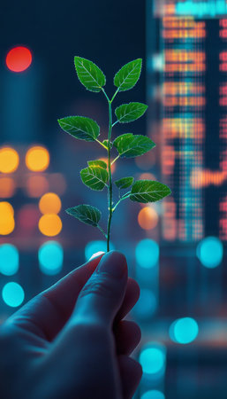Urban Nature Contrast Hand Holding Delicate Plant Against Backdrop of City Financial Dataの素材