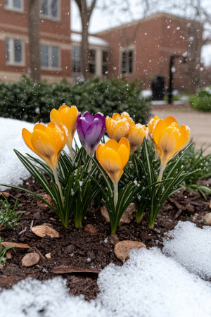 Spring s Resilience Vibrant Yellow and Purple Crocuses Bloom Amidst a Fresh Snowfall.の素材
