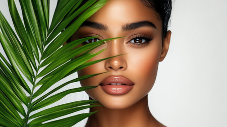 Beautiful Woman with Glowing Skin. Close-up Portrait with a Tropical Plant Leaf on White Backgroundの素材