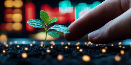 New Growth on the Horizon, Tiny Green Sprout Held in Hand Against Stock Market Graph Backgroundの素材