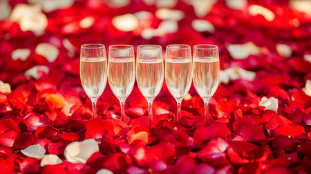 Romantic Celebration Champagne Glasses Amidst Scattered Red Rose Petals with Copy Spaceの素材