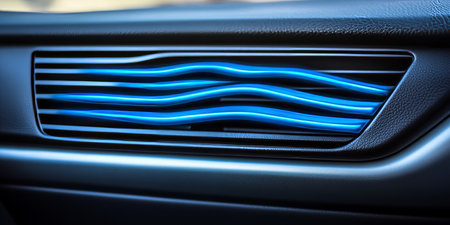 Blue Illuminated Car Air Vent Detail, Modern Vehicle Interior Design, Automotive Transportationの素材