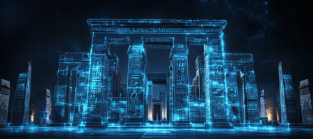 Digital Luxor Temple, Ancient Egyptian Architecture Outlined in Blue Network Style at Nightの素材
