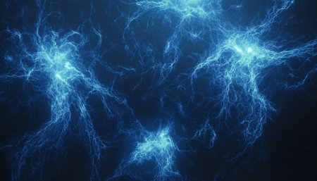 Dynamic Background, Glowing Circuit Lines in Bright Blues on Dark Blue, Vector, Crisp, Vividの素材