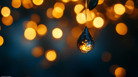 A Close Up of a Single Water Droplet Hanging, Reflecting Golden Bokeh Lights on a Dark Backgroundの素材