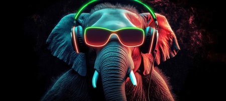 Neon Party Elephant Cool Animal DJ Wearing Headphones and Sunglasses Against a Dark Backgroundの素材