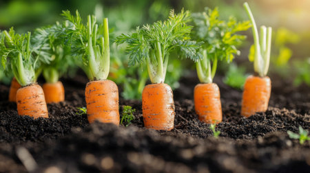 Close Up of Fresh Carrots Growing in a Garden Bed, Organic Vegetables, Farm Fresh Produceの素材