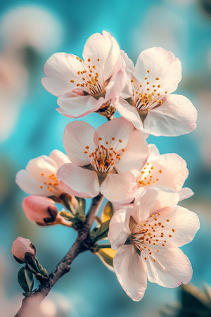 Delicate pink cherry blossoms in bloom, with blue sky background and natural sun spots light effect.の素材
