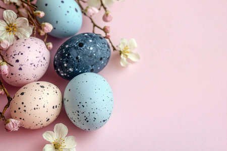 Stylish Easter eggs and spring flowers border on pastel pink paper, flat lay with copy space.の素材