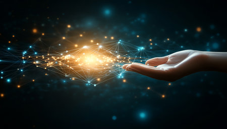Hand Reaching out to a Glowing Network of Nodes, Symbolizing Digital Transformation and Connectivityの素材