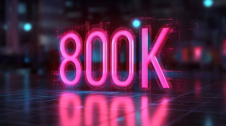 Glowing Neon Digital Number 800K on Abstract Futuristic City Background, 3D Renderingの素材