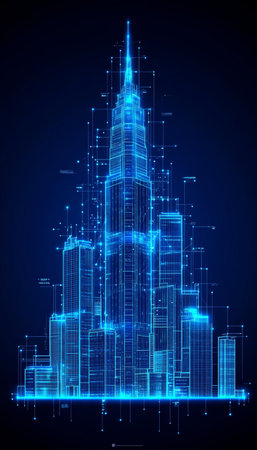 Futuristic City Glowing Network Connecting Buildings With Nodes and Lines in Bright Blueの素材