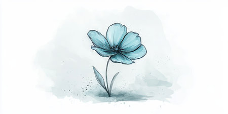 Graceful Mint Green Watercolor Background with Detailed Sketch of a Blooming Flower, Airy and Lightの素材