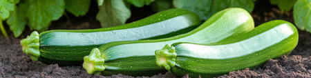 Three Fresh Green Zucchinis on the Ground, Close-up Organic Food in a Vegetable Garden.の素材