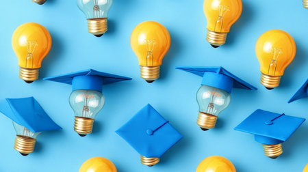 Creative Education Background, Light Bulbs And Graduation Caps on Pastel Blue, Learning And Ideasの素材