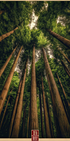 Green circle of tree trunk and branches stretch textures into a sunny forest dome canopy,の素材