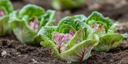 Fresh, Vibrant Red Lettuce Thriving in a Lush Garden Bed, Close-up of Healthy Vegetablesの素材