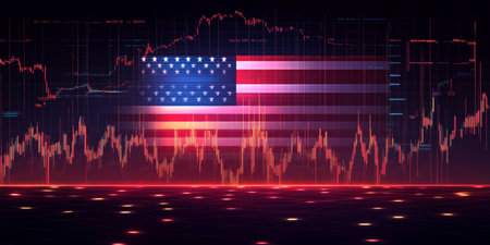 American Flag and Financial Market Data Forex, Stocks, and Economic Indicators Background.の素材