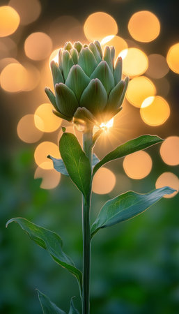 Blooming Artichoke Flower In A Vegetable Garden Bathed In The Warm Glow of Golden Hour Sunlightの素材