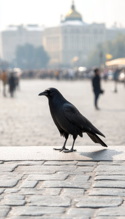 Black crow on a paved square in a European city, historical architecture in the blurred background.の素材