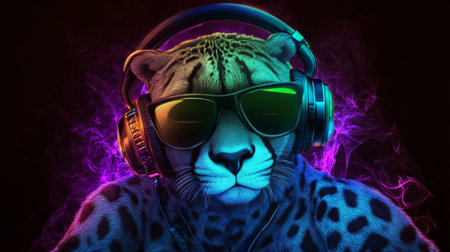 Neon Party Animal Cool Cheetah DJ in Headphones and Sunglasses, Embracing the Nightlife.の素材