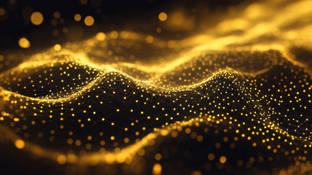Golden Network, Abstract Background with Interconnected Dots and Lines, Digital Data Visualizationの素材