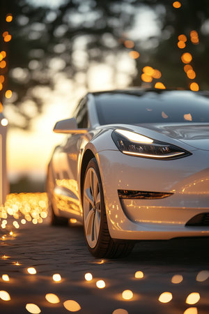 Luxury White Electric Car Parked at Dusk, with Blurred Lights, Bokeh Effect, and Copy Spaceの素材