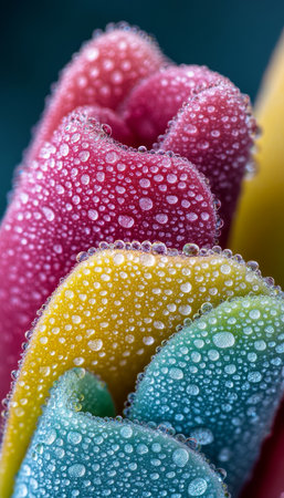 Abstract Dewy Petals Vibrant Coral, Seafoam Green, and Yellow Color Palette, Close-Upの素材