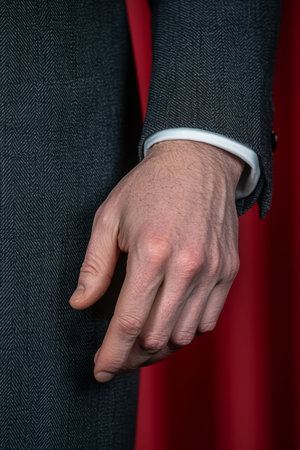 Close Up of a Male Hand with Veins Showing, Business Attire Against a Vibrant Red Backdropの素材