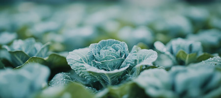 Close Up of Vibrant Green Savoy Cabbage Heads Growing in Lush Garden, Ready for Harvest.の素材