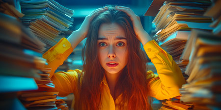 Overwhelmed Businesswoman Stressed and Buried Under a Mountain of Paperwork in the Officeの素材