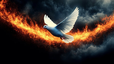 White Dove Of Peace Flying Through Fiery Sky, Symbol Of Hope And Resilience In Hardshipの素材